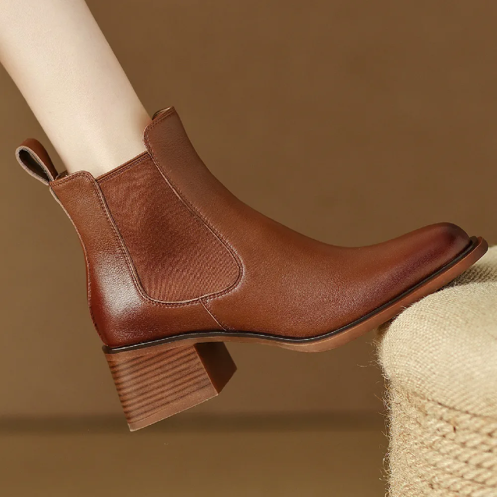 

Ботильоны женские из натуральной кожи, эластичные Лоскутные, без застежки, на толстом среднем каблуке 5 см, повседневные ботинки челси, осен...