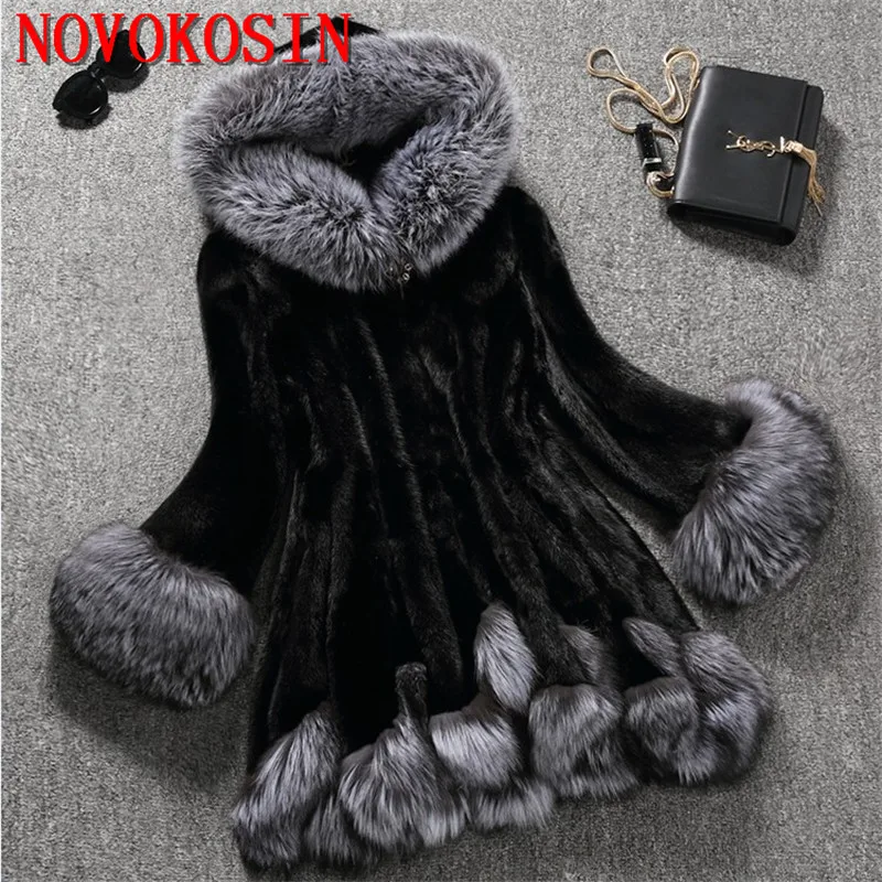 6 Colors S-12XL Thick Long Faux Mink Fur Coat Winter Warm Open Stitch Slim Plush Women Cardigan With Trim Hood Fur Hat