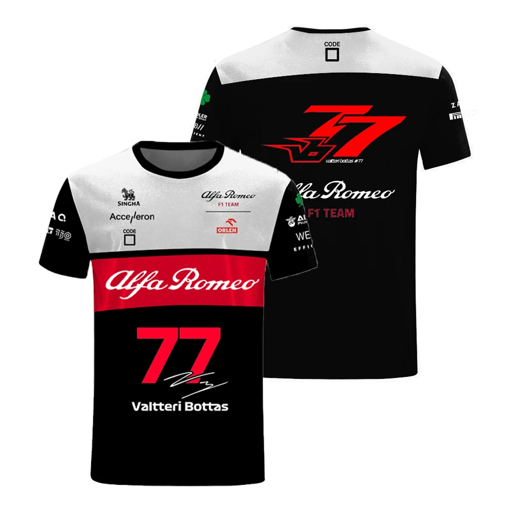 

F1 Racing Extreme Sports Formula 1 Alfa.Romeo Team 77 Valtteri Bottas Tee 24 Week Crown Feather Short Sleeve Men Summer T-shirt