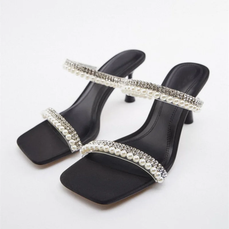 

2023 Womans Autumn Black Pearl Straps Sandals Lady Luxury Rhinestone Heeled Sandals Women's Slingback Heeled Shoes