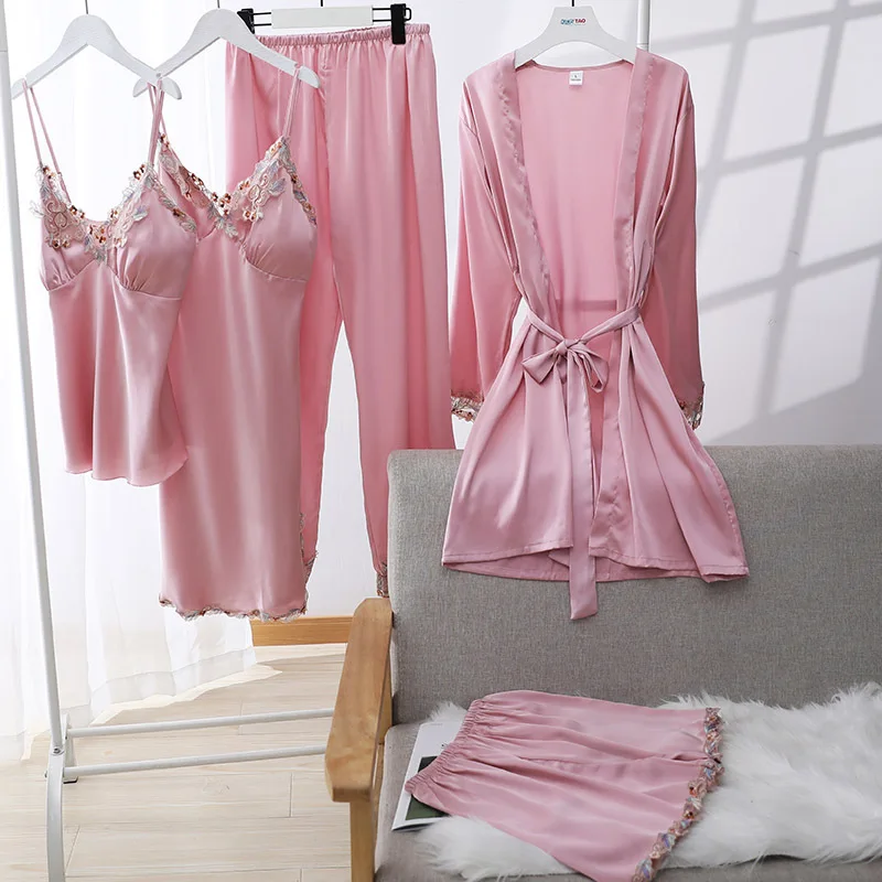 

Women Rayon 5 Pcs Top & Bottoms Pjs Sexy Lace Flower Sleepwear Kimono Bathrobe Pyjama Pour Femme Suitable for All Seasons