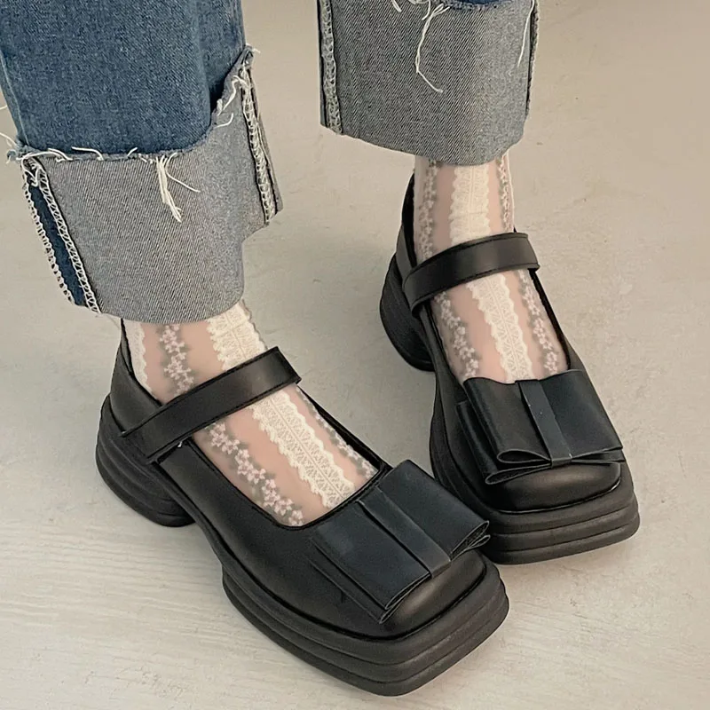 

Autumn Brand Bow Lolita Mary Janes Women Flats Shoes 2022 New Designer Thick Platform Ladies Oxford Shoes Square Toe Sandals