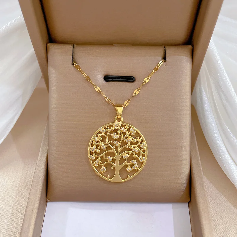 Fashion Round Tree Crystal Pendant Necklace for Women Couple Gold Color Steel Chain Choker Statement Wedding Jewelry Gift