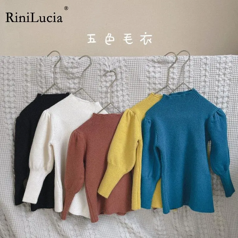 

RiniLucia Autumn Baby Girls Knit Sweater Kids Girl Puff Sleeve Bottoming Turtleneck Tops Pullover Casual Childrens Sweater