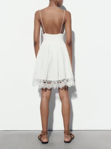 New summer women's fashion sweet V-neck babes elegant lace stitching white sexy backless suspenders short dress