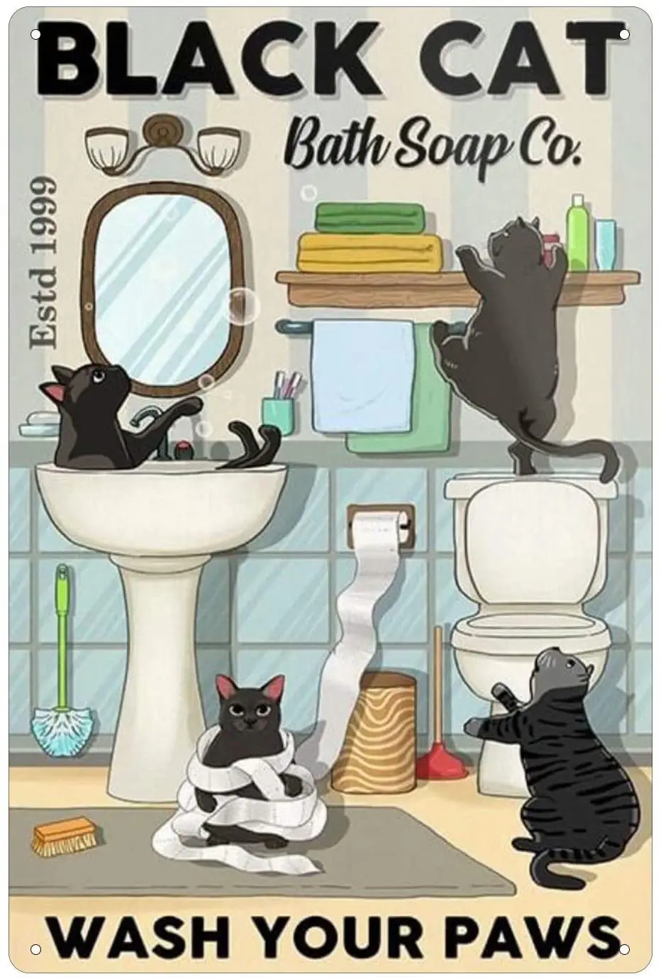 Черная кошка металлический знак, это знак стены "Вымойте лапы" смешное домашнее винтажное искусство декор железная картина 8х12 дюймов.