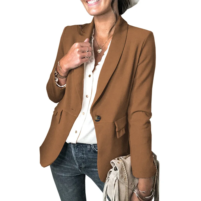 Suit Women's Autumn and Winter New Solid Color Long Sleeve Pocket Pleated Panel One Button Tailored Collar Slim Fit Coat