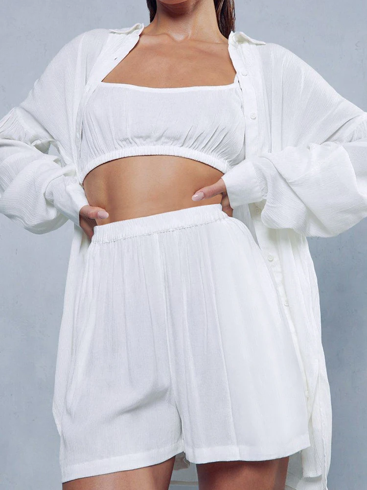 

Linad White Pajamas For Women 3 Piece Sets Loose Long Sleeve Sleepwear Female Spaghetti Strap Crop Top Casual Suits With Shorts