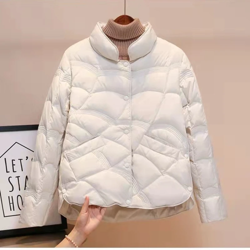 2023 New Korean Fashion Elegant Women Padded Cotton Coats Stand Collar Single Breasted Parkas Solid Long Sleeve Warm Jackets