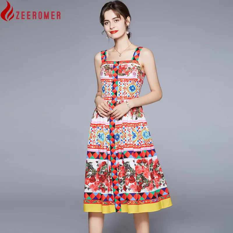 

Женское модельное платье миди на бретелях-спагетти, дизайнерское винтажное платье с цветочным принтом, лето 2022