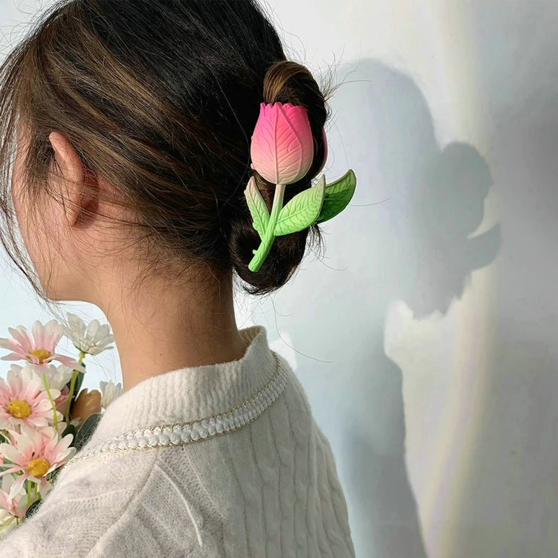 

Fashion Metallic Pink Tulip Flower Grab Clip Sea Style Women Matte Hairpin Super Fairy Hairclips Girls Hair Accessory Headwear