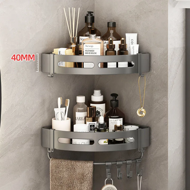 Угловая душевая полка серого цвета для ванной комнаты алюминиевая настенная