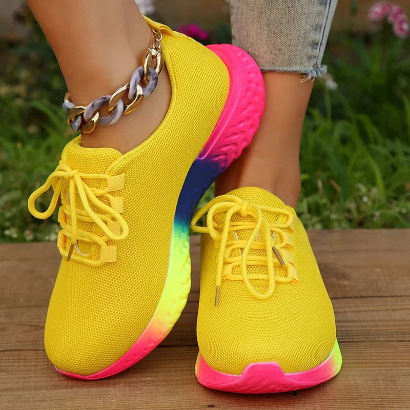 

Rainbow Sole Sneakers Women Plus Size 43 Mesh Breathable Platform Sports Shoes Woman Non-Slip Lace Up Tennis Shoes Zapatos Mujer