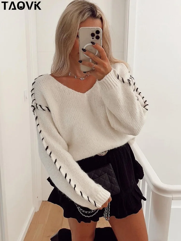 

TAOVK Sweater Women Autumn Winter New V Neck Casual Streetwear Hand-sewn Edges Knitted Pullover Sweater