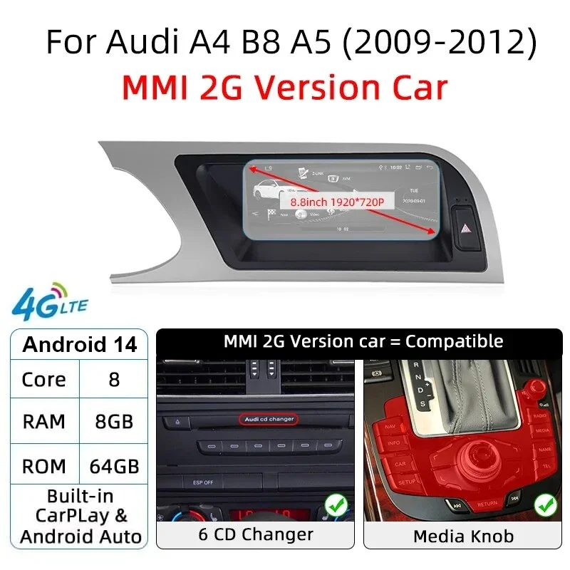 

Автомобильный мультимедийный плеер с системой Android 14, для Audi A4 B8 A5 2008 2009 2010 MMI 2G с высоким устройством чтения компакт-дисков GPS Navi Google Carplay