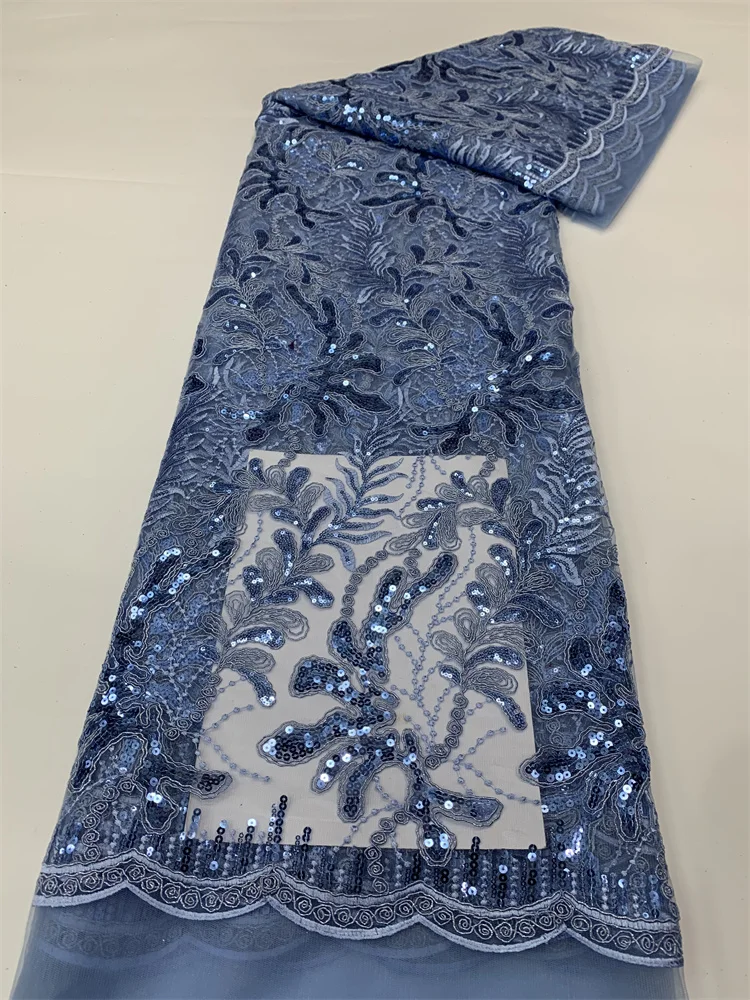 

Nigerian Sequins Lace Fabric 2023 High Quality sky blue African Tulle Embroidery Fabric For Wedding Dress Sewing Mesh Lace