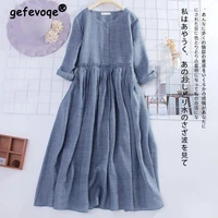 summer new japan style solid color cotton linen dress women long sleeve vestidos de fiesta loose casual oversized robe femme