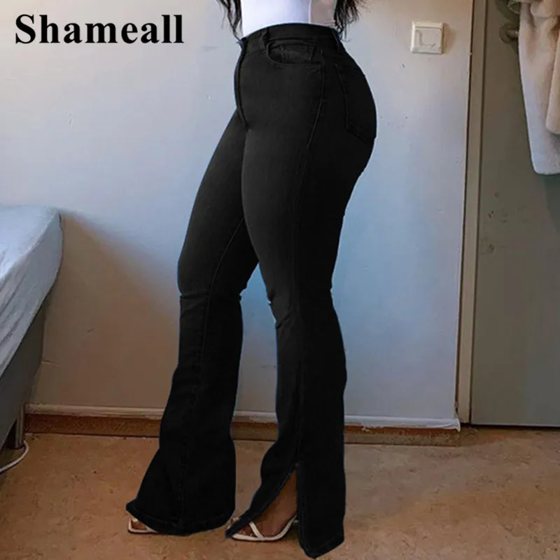 

Plus Size Comfortable Split Casual Black Flare Jeans 3XL Street Women Boyfirend Elastic Wid Leg Grunge Denim Pants Bellbottoms