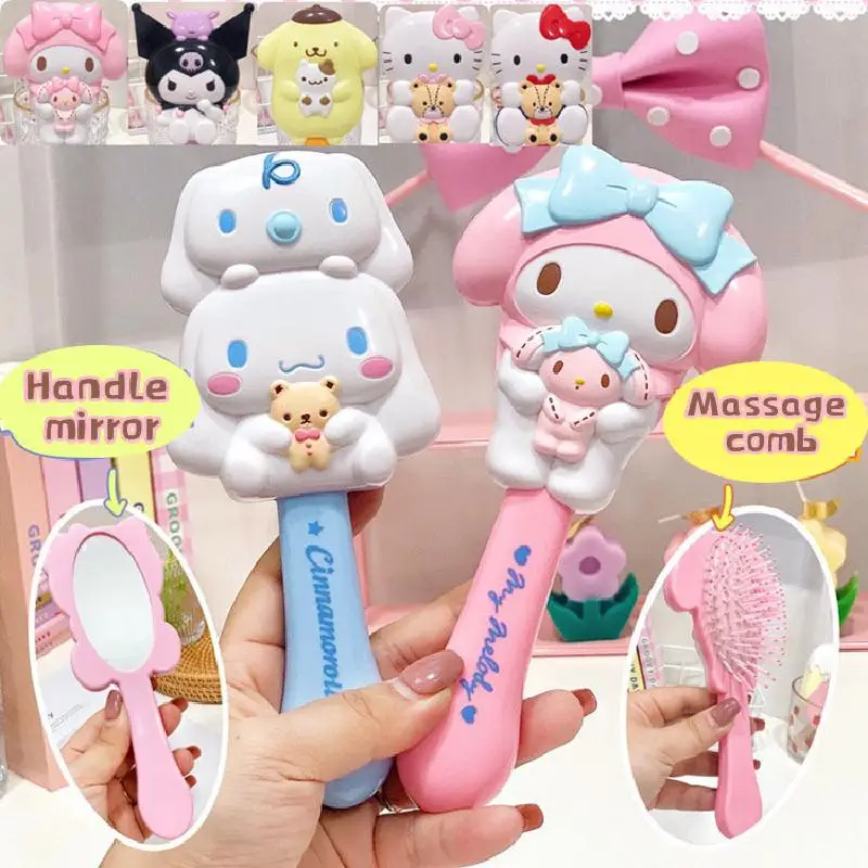

New Sanrio Portable Girl Cartoon Student Massage Air Bag Comb Handle Mirror Kuromi Holding Makeup Mirror Kawaii Hair Comb