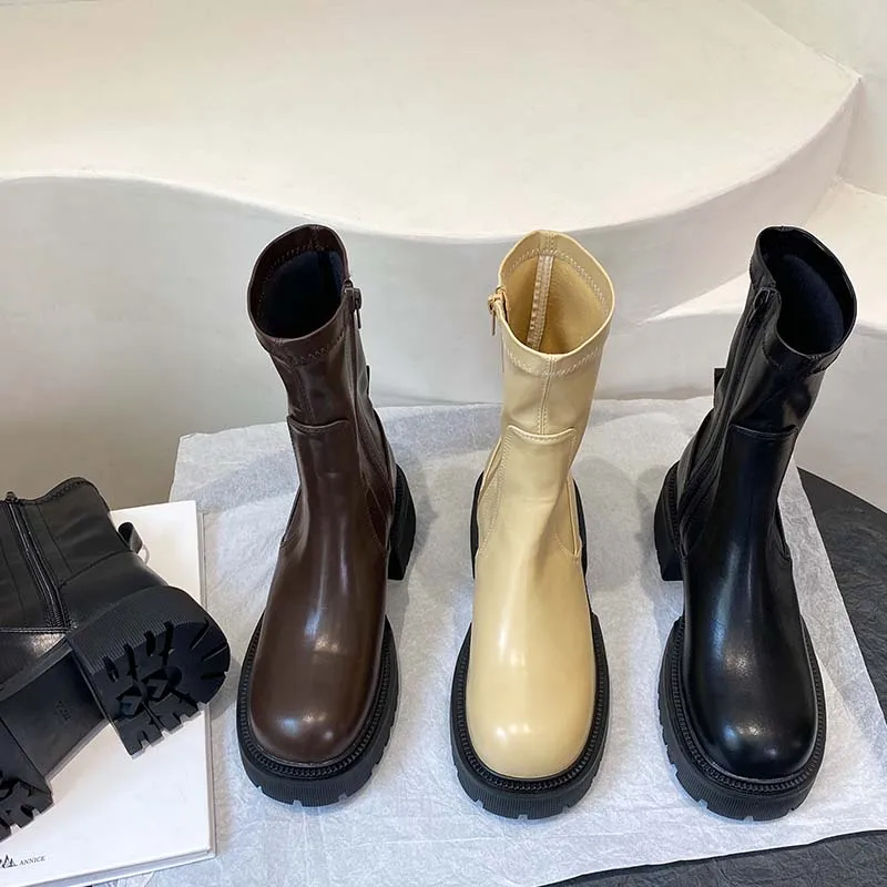

Женские ботильоны на молнии, полусапожки на платформе с круглым носком, Короткие эластичные ботинки с квадратным носком, 2022