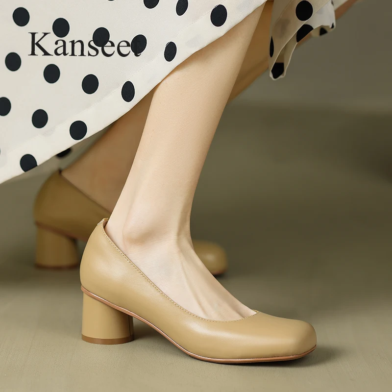 Kanseet Shoes For Women 2023 Spring Round Toe Handmade Genuine Leather Party Dress Mid Heels Yellow Pumps Ladies Footwear New