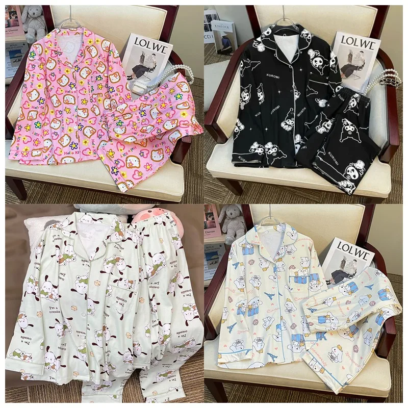 

Kawaii Sanrios Hellokittys Cinnamoroll Kuromi женский модный пижамный комплект с принтом милые штаны с длинным рукавом удобная домашняя одежда