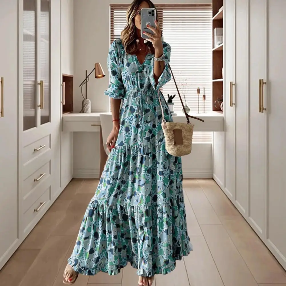 

Women Vintage Print Maxi Dresses Summer Casual V Neck Three Quarter Sleeve Elastic Dress Female Boho Beach Swing Long Dresses