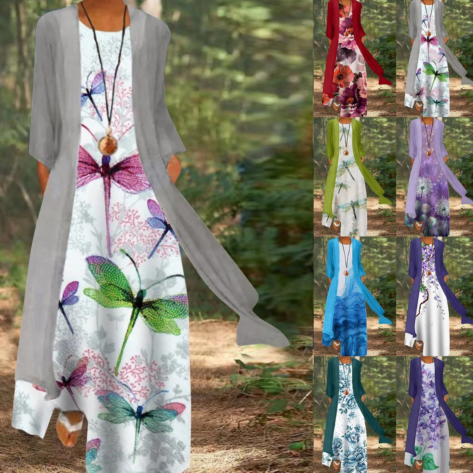 

Dresses for women 2022 Women Casual Print Dress Round Neck Sleeve Dress Half Sleeve Chiffon Shawl Cardigan Two Set Daily Dress