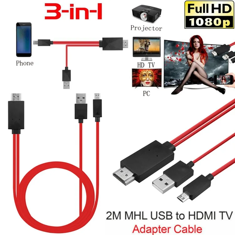 2m Micro USB To HDMI-compatible Cable 1080P MHL HDTV Cable Adapter Converter For Samsung  Huawei Sony HTC  LG Smrt Phone