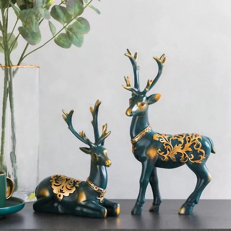 

Promotion! Standing And Kneeling Reindeer Resin Sculpture 2Pcs Lucky Deer Statue Reindeer Figurines For Home Office Desktop Deco