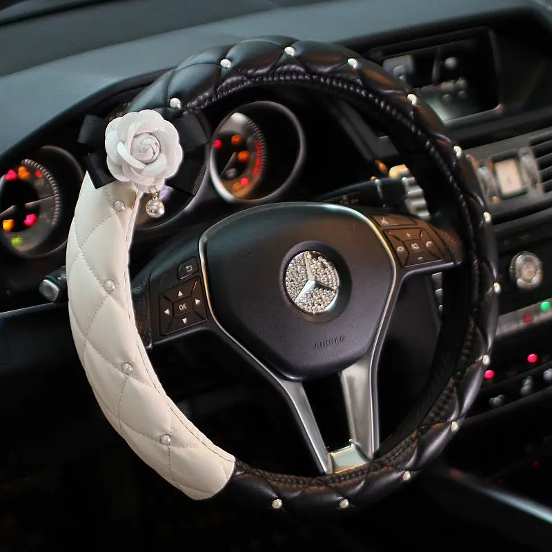 

Universal Size PU Leather Short Plush Car Steering Wheel Cover Camellia with Pearl Decoration Car Accessories