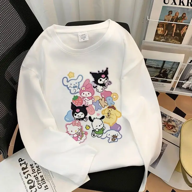 

Футболка с принтом Hello Kitty для мужчин и женщин, милая Осенняя Свободная рубашка с длинным рукавом и аниме «Мой Мелодия» Sanrio, подарок для девушек
