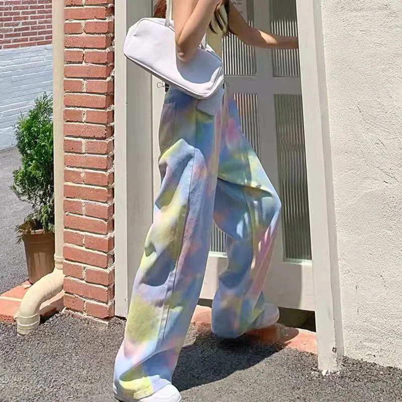 2023 Summer Tie Dye Jeans for Women Ins High Waist Loose Straight Trousers Female Korean Streetwear Wide Leg Pants