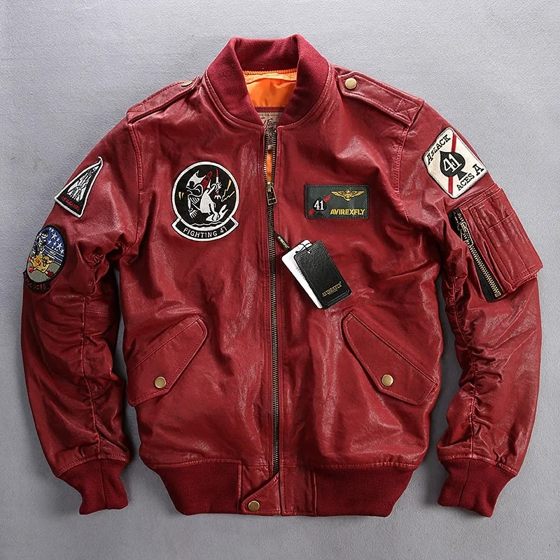 

Brand Genuine Leather Male Goat Skin Multi- labeling Embroidery Pilot Collar Bomber Motorcycle Jackets