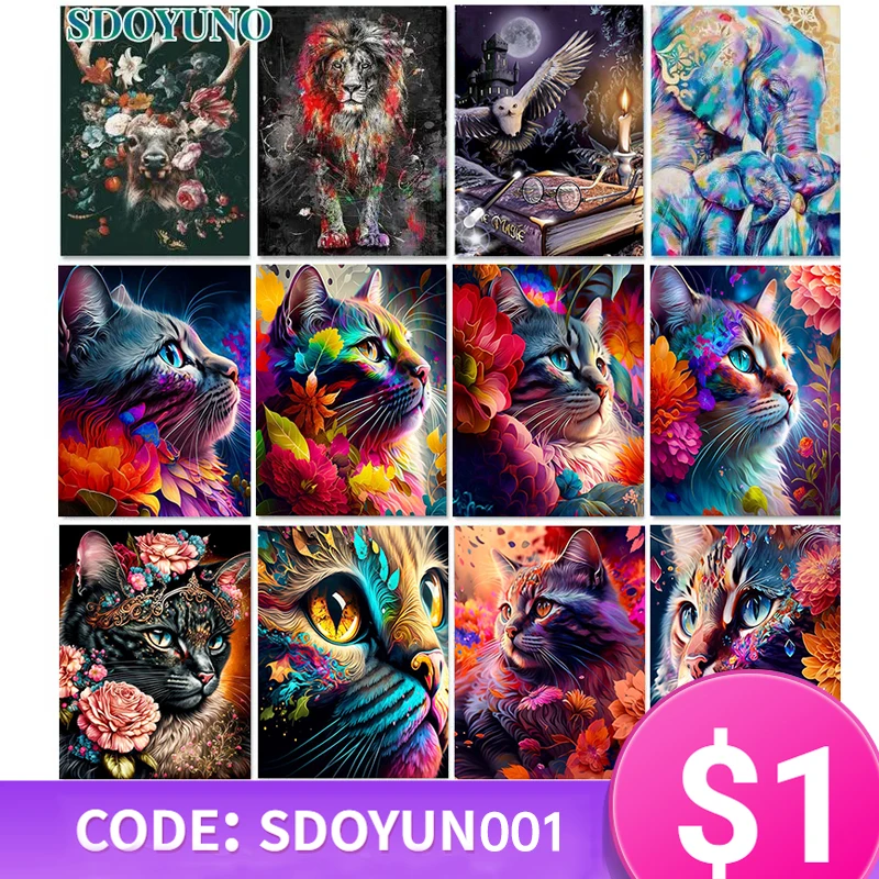 SDOYUNO Cat Acrylic Painting By Numbers Animal Kit HandPainted 60x75cm Diy Gift Coloring By Numbers Drawing For Home Decoration