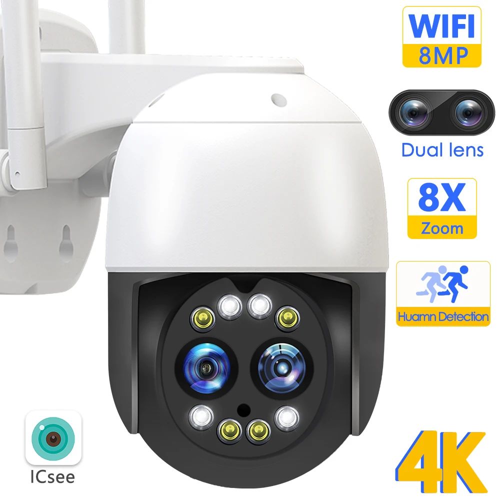 

, Наружная камера PTZ 4K, 8 Мп, 8-кратный зум, ии датчик присутствия, Alexa iCsee APP 2K CCTV IP, беспроводная камера безопасности, Wi-Fi, цветное ночное видение