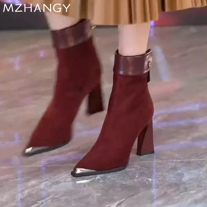 Женские замшевые ботинки-челси на высоком каблуке с острым носком