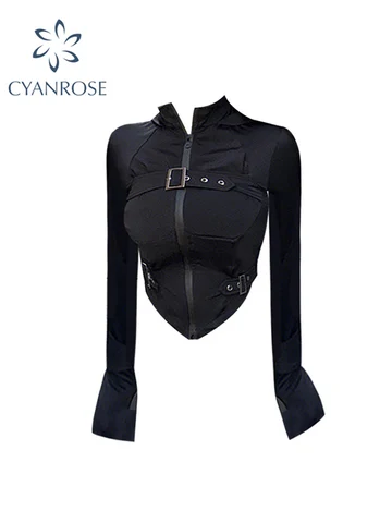 Harajuku Black Hoodies Women Retro Belt Zipper Sweatshirts Y2K Fashion Casual Long Sleeve Hooded Vintage Streetwear Jackets Tops