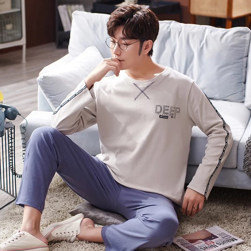 QUHENG Autumn Men's Cotton Round Neck Long-sleeved Suit Youth Solid Color Simple Pajamas Home Clothes 2-pieces Sleepwear