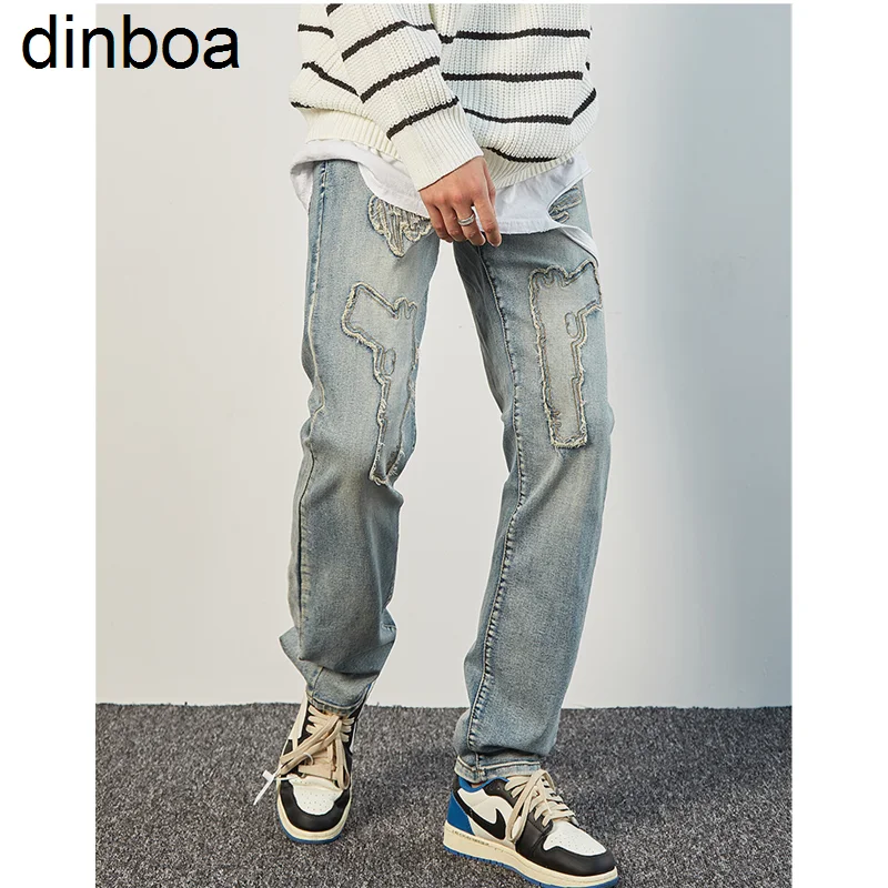 

Streetwear Men 2022 Y2k Pants Vintage Recreational Blue Pants Applique Straight Cylinder Comfortable Loose Jeans Autumn Female