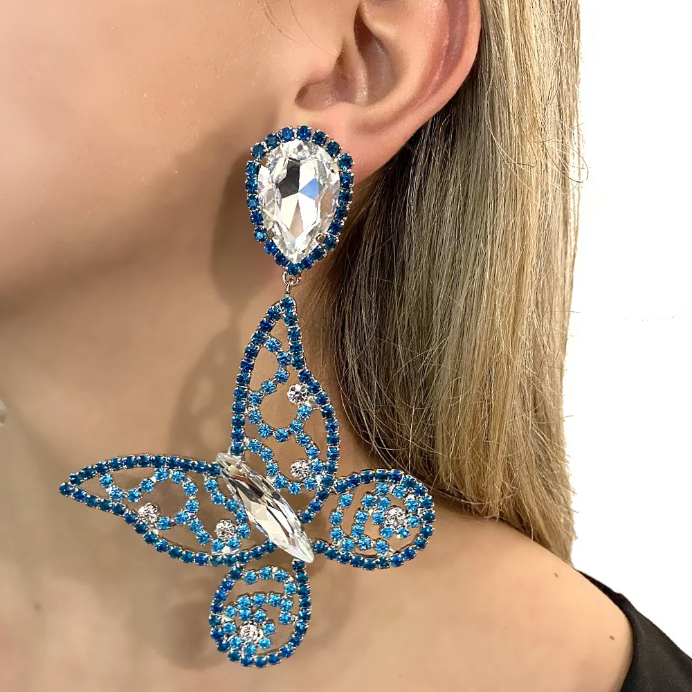 

Vintage Rhinestone Butterfly Pendant Earrings for Women Exaggerated Blue Crystal Earring Clip Makeup Party Jewelry Accessories
