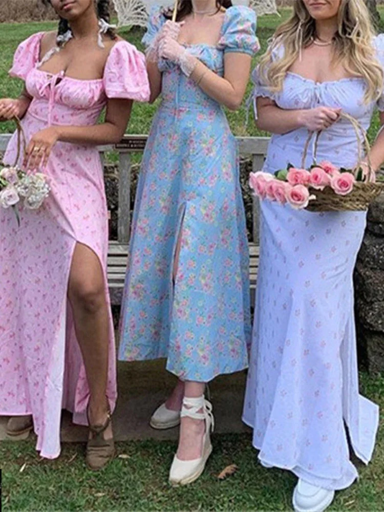 

Women Cute Puff Sleeve Side Slit Tie Floral Slim Dress 2022 Summer Lace Up Waist A Line Long Dresses Low Collar Elegant Wear
