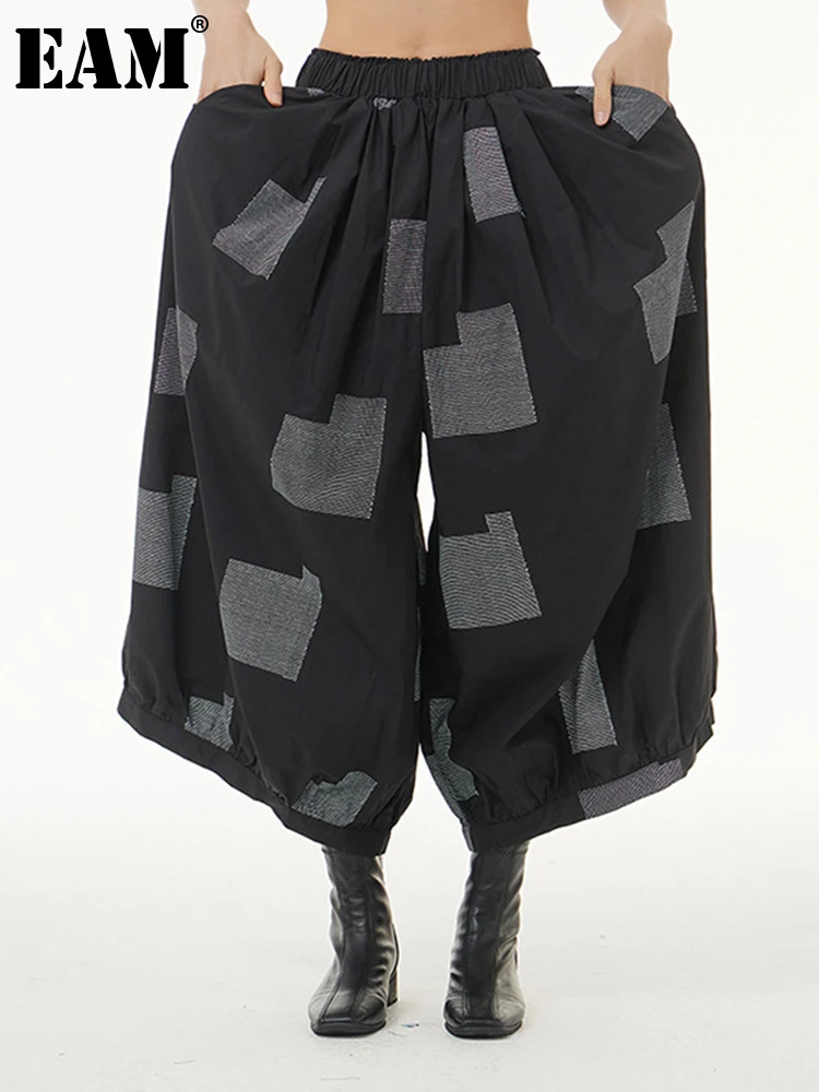 

[EAM] High Elastic Waist Black Pattern Printed Wide Leg Trousers New Loose Fit Pants Women Fashion Spring Autumn 2022 1DE7391