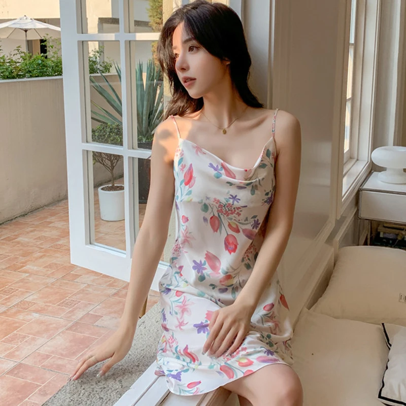 

Sexy Suspenders Nightgown Sleep Dress Robe Sleepdress Round Neck Home Dress Silk Women Homewear Printing Sleepwear Casual