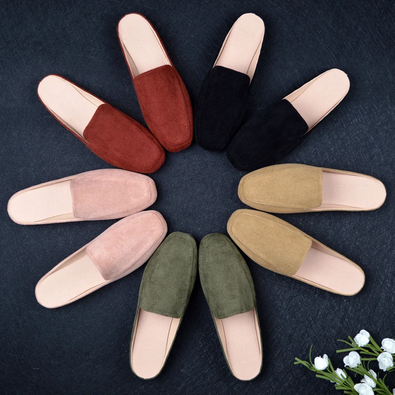 

Cover Toe Mules For Women 2022 Slippers Casual Slides Flat Shoes Female Pantofle Flock Loafers Luxury Soft New TPR Bonded Leathe