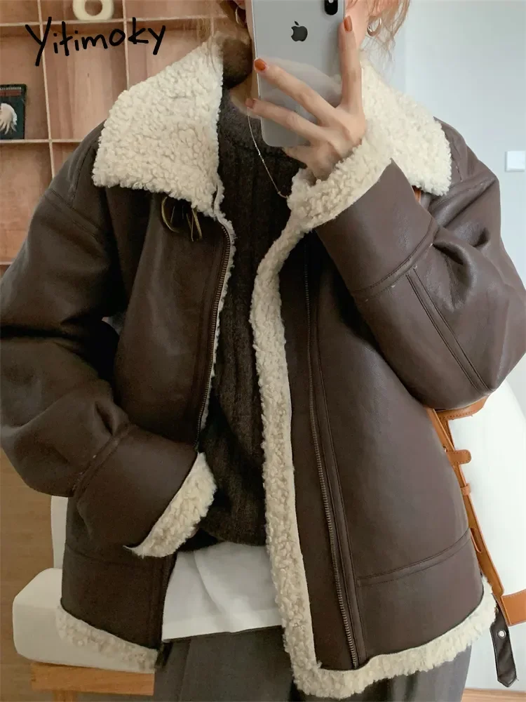 

NEW2023 Yitimoky Fur Coat for Women Winter Jacket Lambswool Faux Sheepskin Coat Loose Warm Thicken Locomotive Female Black Pu Ou