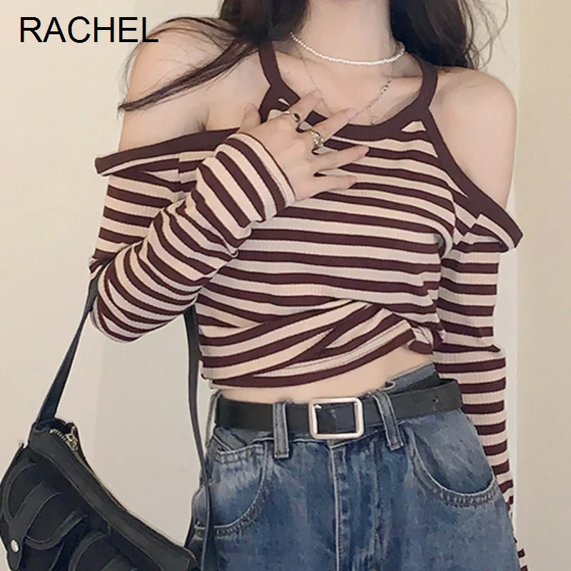 

Женская футболка в полоску, с открытыми плечами и длинным рукавом, весна-осень 2021