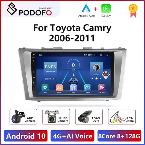 Автомагнитола Podofo 9 дюймов, 4G + WiFi, Android 10,0, мультимедийный видеоплеер для Toyota Camry 7 XV 40 50 2006-2011, GPS-навигация, головное устройство