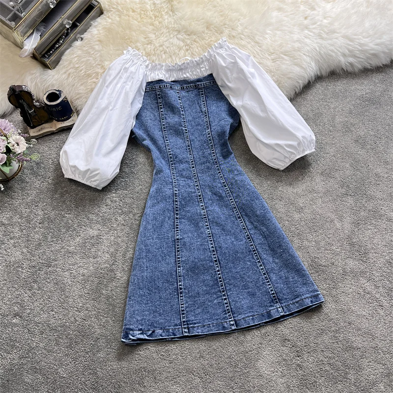 Женская джинсовая рубашка с пышными рукавами однобортное платье высокой талией