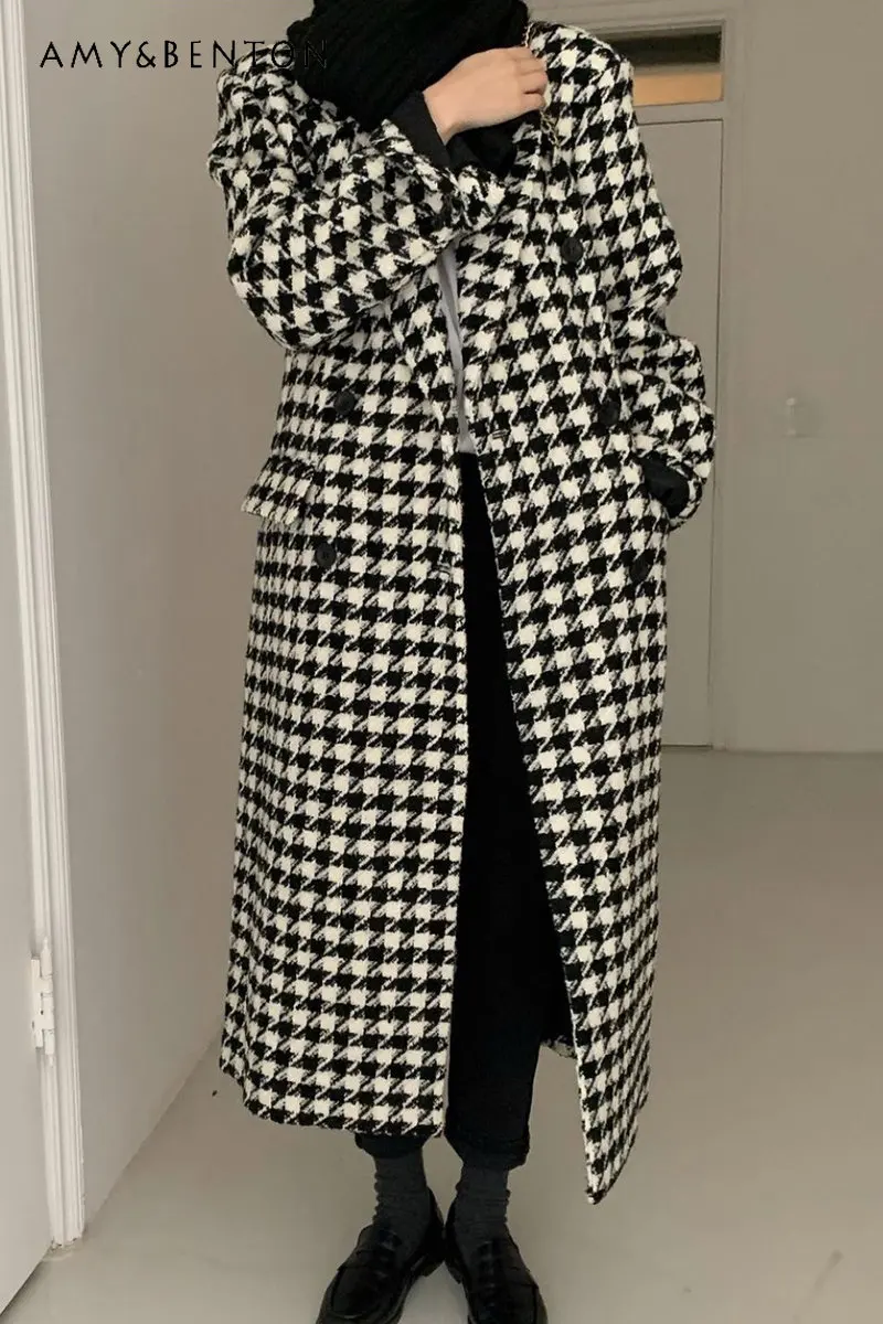 

Houndstooth Woolen Coat for Women 2023 Autumn Winter New Korean Style Fashion Loose Long Below Knee Thickening Warm Coat